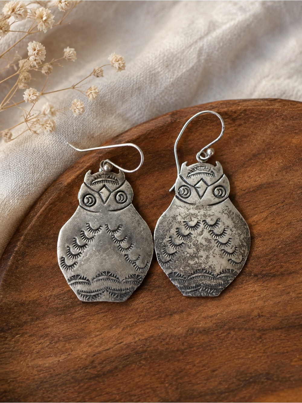 Sterling Silver Owl Drop Earrings - Boho Vintage Style